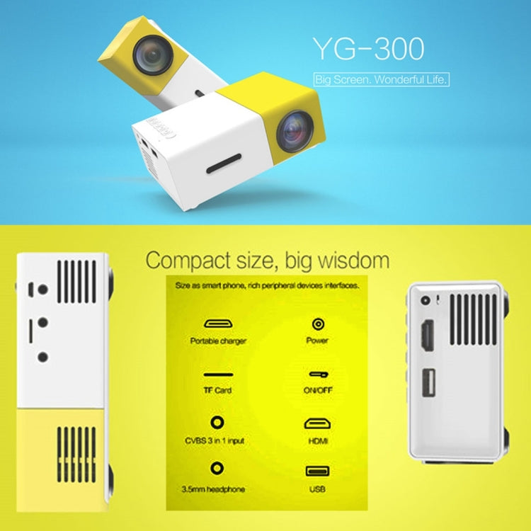 Mini proyector LED portátil de cine en casa YG300 400LM con control remoto, compatible con interfaces HDMI, AV, SD y USB