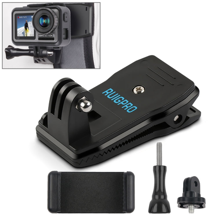 RUIGPRO Mochila con rotación de 360 grados Rec-Mounts Clip Clamp Mount + Abrazadera para teléfono para GoPro HERO9 Black / HERO8 Black /7/6/5/5 Session /4 Session /4/3+ /3/2/1, DJI Osmo Action, Xiaoyiy otras cámaras de acción, Rec-Mounts+Clamp