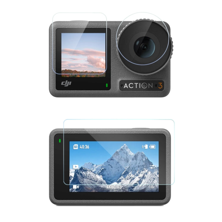 Para DJI Osmo Action 3 Lente 3 en 1 Pantalla frontal y trasera Película a prueba de explosiones de diamante, For DJI Osmo Action 3