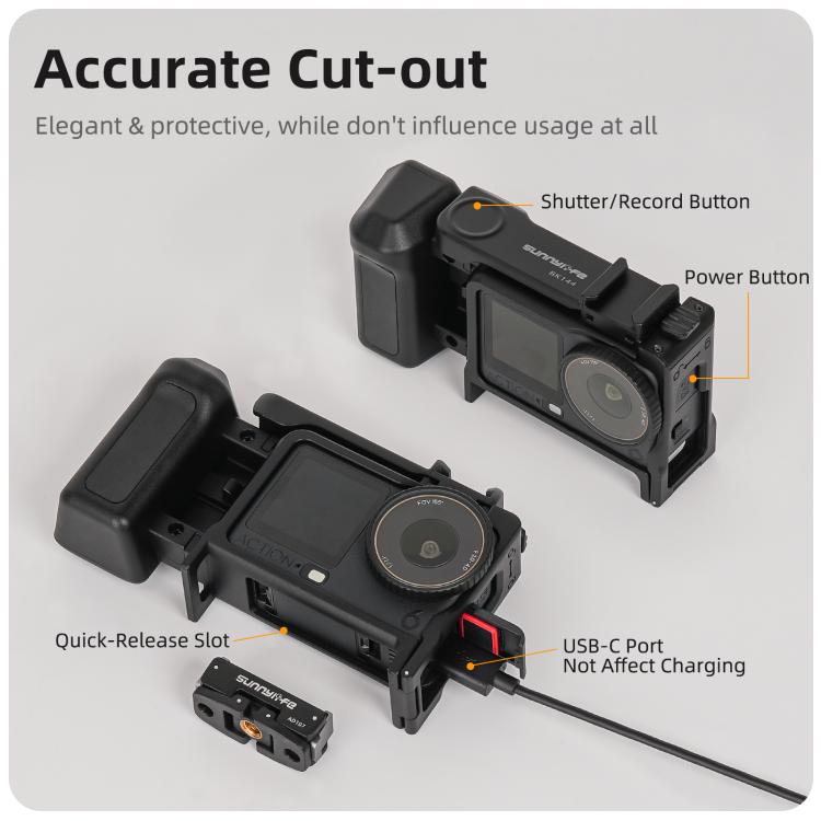 Para DJI Action 6 Sunnylife Marco protector desmontable 2 en 1 y mango para fotografía callejera Empuñadura ergonómica Mango de liberación rápida, For DJI Action 6