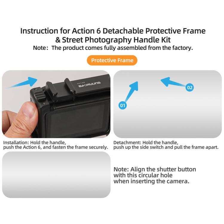 Para DJI Action 6 Sunnylife Marco protector desmontable 2 en 1 y mango para fotografía callejera Empuñadura ergonómica Mango de liberación rápida, For DJI Action 6