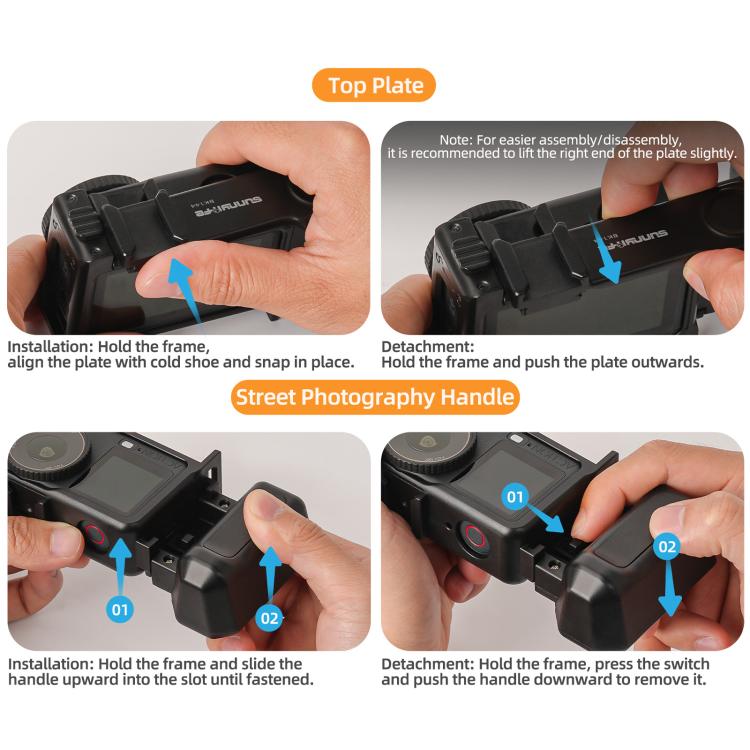 Para DJI Action 6 Sunnylife Marco protector desmontable 2 en 1 y mango para fotografía callejera Empuñadura ergonómica Mango de liberación rápida, For DJI Action 6