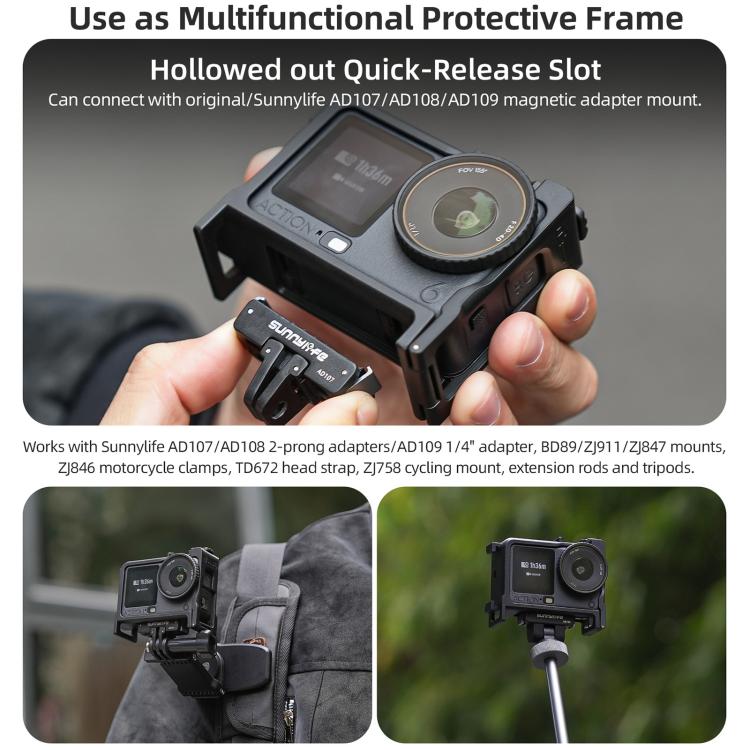 Para DJI Action 6 Sunnylife Marco protector desmontable 2 en 1 y mango para fotografía callejera Empuñadura ergonómica Mango de liberación rápida, For DJI Action 6