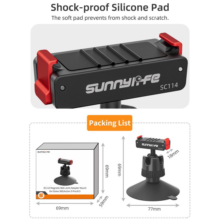 Adaptador de rótula magnética de liberación rápida Sunnylife con soporte giratorio de 360° y ventosa para DJI Osmo 360 / Action 5 Pro / 4 / 3, For DJI Osmo 360 / Action 5 Pro / 4 / 3