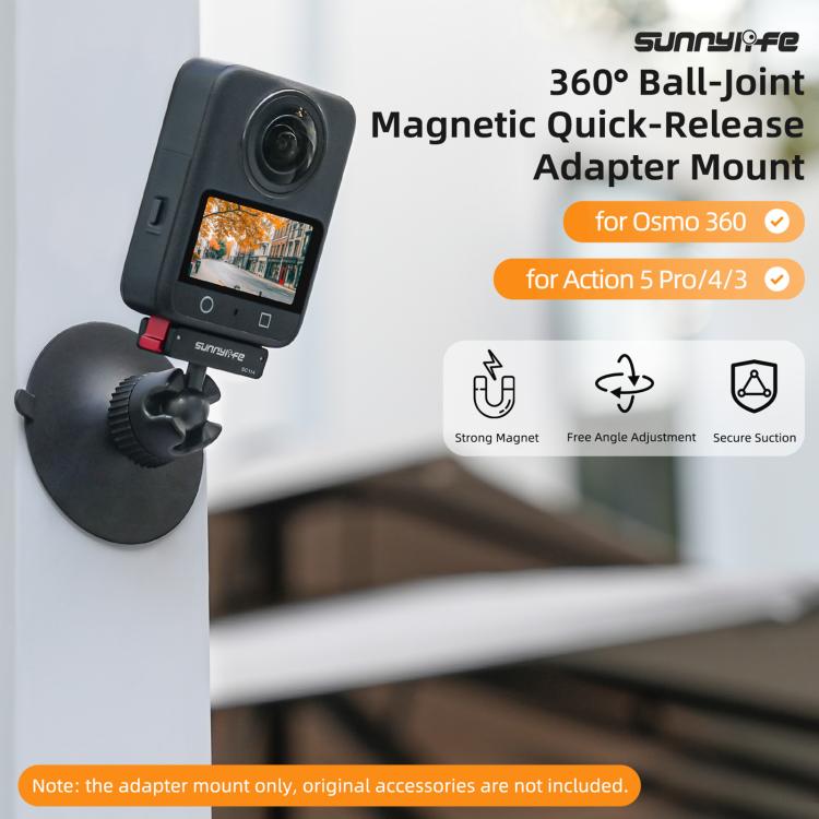 Adaptador de rótula magnética de liberación rápida Sunnylife con soporte giratorio de 360° y ventosa para DJI Osmo 360 / Action 5 Pro / 4 / 3, For DJI Osmo 360 / Action 5 Pro / 4 / 3