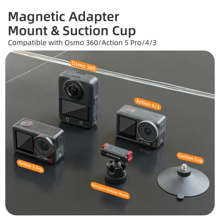 Adaptador de rótula magnética de liberación rápida Sunnylife con soporte giratorio de 360° y ventosa para DJI Osmo 360 / Action 5 Pro / 4 / 3, For DJI Osmo 360 / Action 5 Pro / 4 / 3