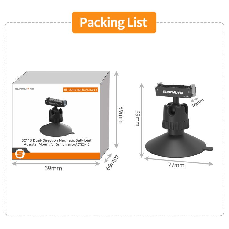 Adaptador de rótula magnética de liberación rápida de doble dirección Sunnylife con ventosa giratoria de 360 grados para DJI Osmo Nano/Action 6, For DJI Osmo Nano / Action 6