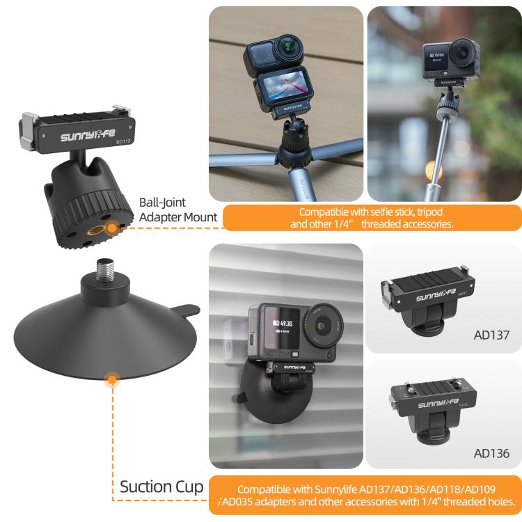 Adaptador de rótula magnética de liberación rápida de doble dirección Sunnylife con ventosa giratoria de 360 grados para DJI Osmo Nano/Action 6, For DJI Osmo Nano / Action 6