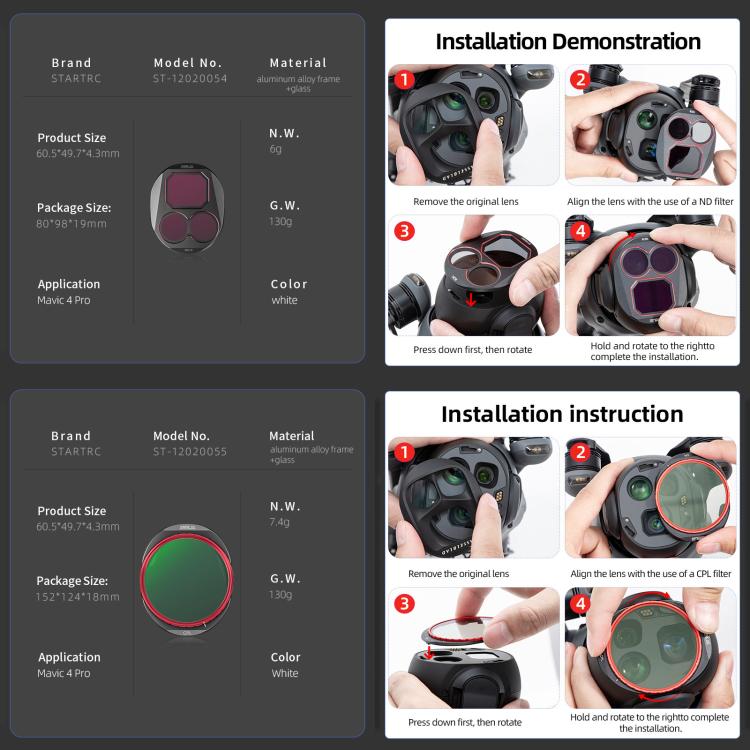 Kit de filtros de lente STARTRC 4 en 1 CPL ND8 ND32 ND64 para DJI Mavic 4 Pro, CPL ND8 ND32 ND64