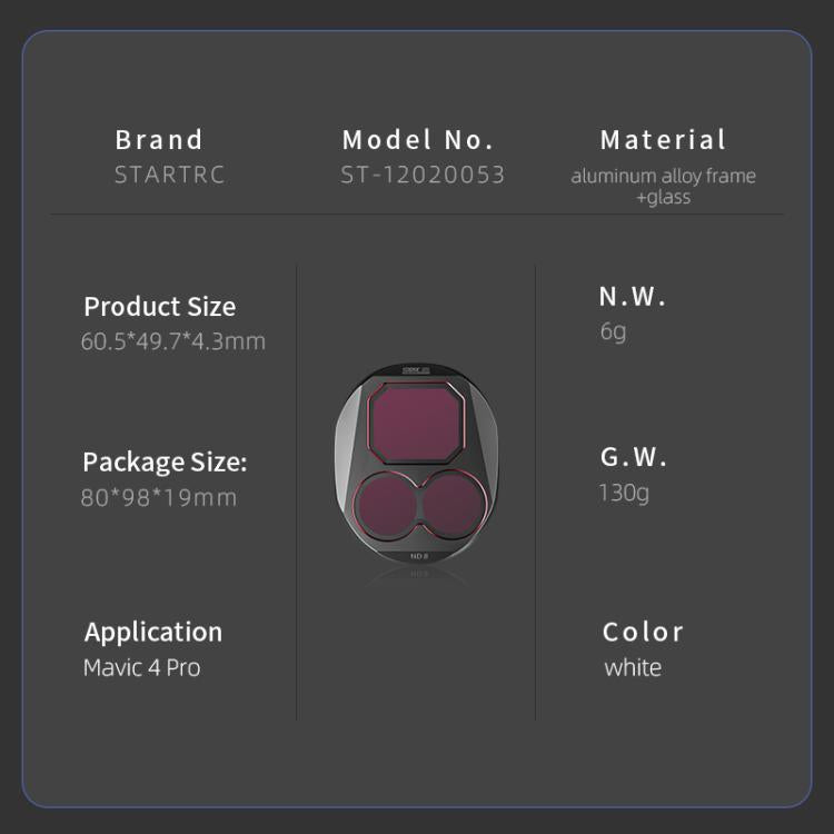 Kit de filtros de lente STARTRC 4 en 1 (ND8, ND16, ND32, ND64) para DJI Mavic 4 Pro, ND8 ND16 ND32 ND64