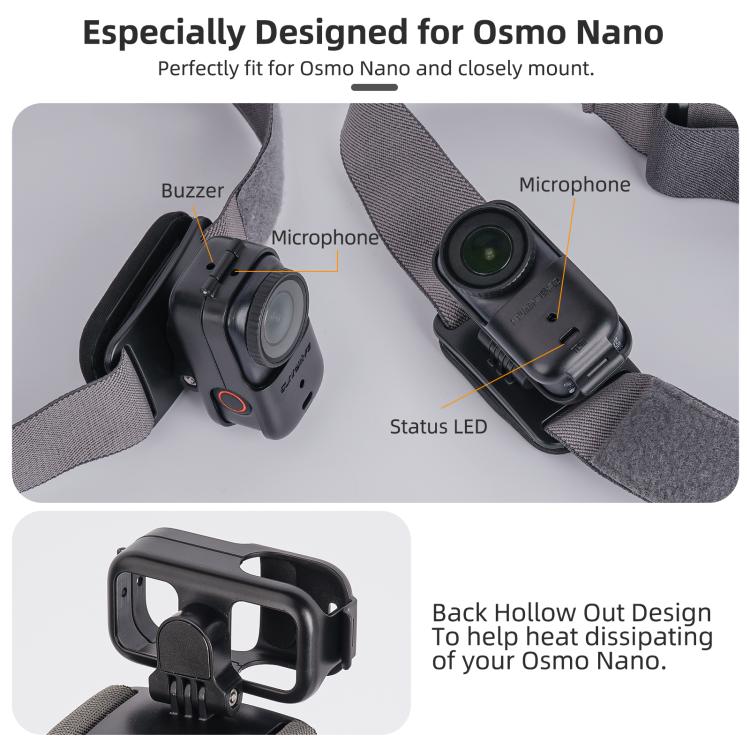 Correa para la cabeza Sunnylife con rotación vertical-horizontal de 360° para DJI Osmo Nano, con adaptador, cordón ajustable para la cabeza y cuerda trenzada de seguridad.