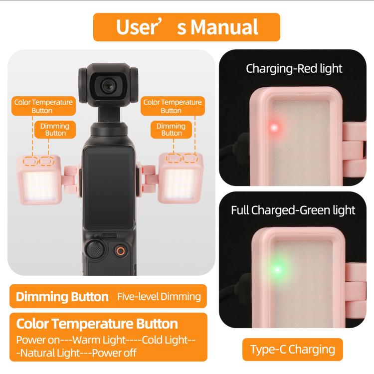 Luz de vídeo LED ajustable Sunnylife de liberación rápida para DJI Osmo Pocket 3, luz de relleno portátil regulable tricolor.