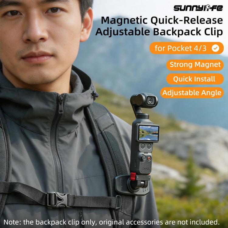Clip magnético ajustable de liberación rápida Sunnylife para mochila, compatible con DJI Osmo Pocket 4/3 y cámaras de acción. Soporte vertical-horizontal., For DJI Osmo Pocket 4 / 3 Vertical-Horizontal Mount