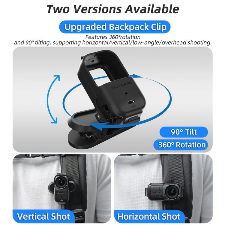 Clip para mochila Sunnylife para DJI Osmo Nano, abrazadera para cámara de acción, rotación de 360°, montaje vertical-horizontal, inclinación de 90°, clip para mochila mejorado.