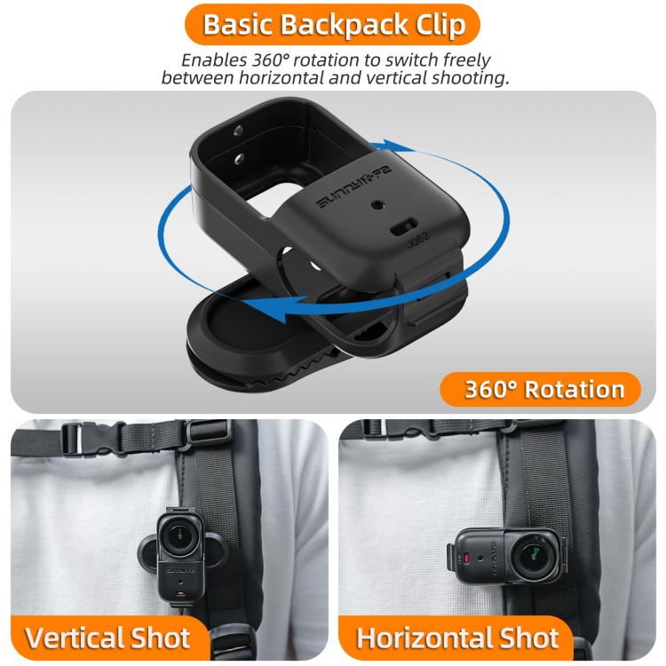 Clip para mochila Sunnylife para DJI Osmo Nano, abrazadera para cámara de acción, rotación de 360°, montaje vertical-horizontal, inclinación de 90°, clip para mochila mejorado.