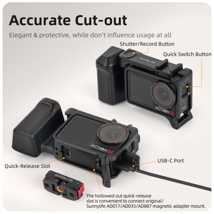 Empuñadura ergonómica Sunnylife para fotografía callejera con disparador de liberación rápida para DJI Action 5 Pro / 4 / 3, For DJI Action 5 Pro / 4 / 3