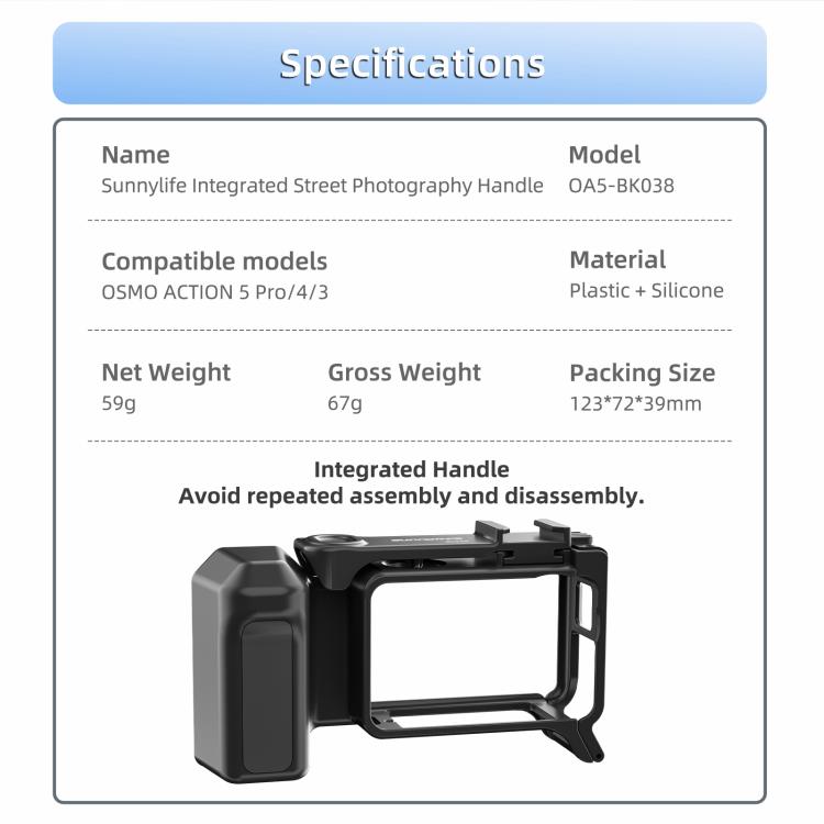 Empuñadura ergonómica Sunnylife para fotografía callejera con disparador de liberación rápida para DJI Action 5 Pro / 4 / 3, For DJI Action 5 Pro / 4 / 3