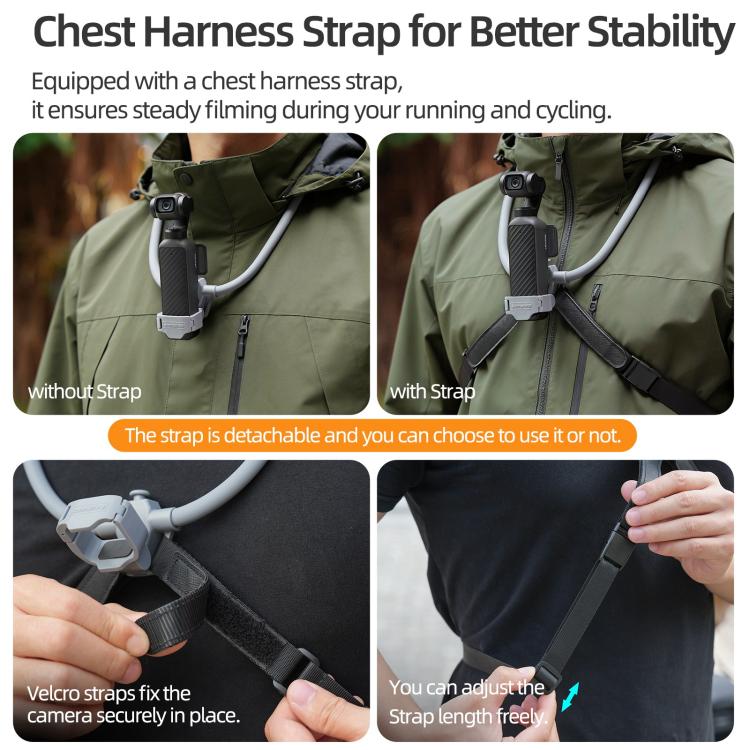 Soporte ajustable para cuello Sunnylife para DJI Osmo Pocket 4/3, ideal para vídeos POV, vlogs y selfies, con correa para el cuerpo.