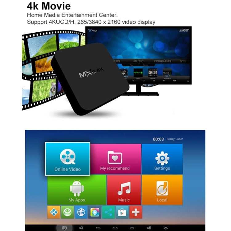 MXQ 4K Full HD Media Player RK3229 Quad Core KODI Android 9.0 TV Box con control remoto, RAM: 1GB, ROM: 8GB, Soporte HDMI, WiFi, Miracast, DLNA