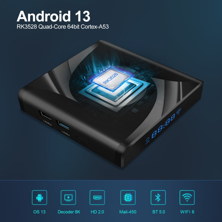 X88 Pro 13 Android 13.0 Smart TV Box con control remoto, RK3528 Quad-Core, 4G+64GB, 4G+64GB