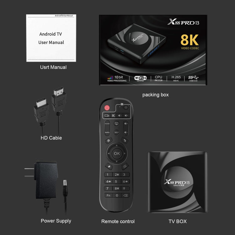 X88 Pro 13 Android 13.0 Smart TV Box con control remoto, RK3528 Quad-Core, 4G+64GB, 4G+64GB