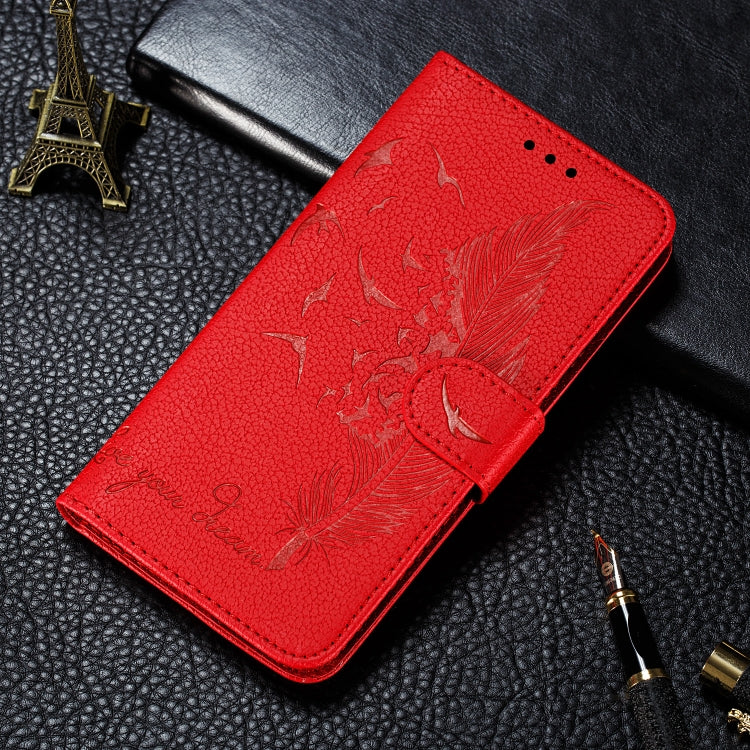 Estuche de cuero con tapa horizontal con textura de litchi con patrón de plumas con billetera y soporte y ranuras para tarjetas, For iPhone SE 2022 / SE 2020 / 8 / 7, For iPhone 7 Plus / 8 Plus, For iPhone 11 Pro, For iPhone 11, For iPhone 11 Pro Max  ...