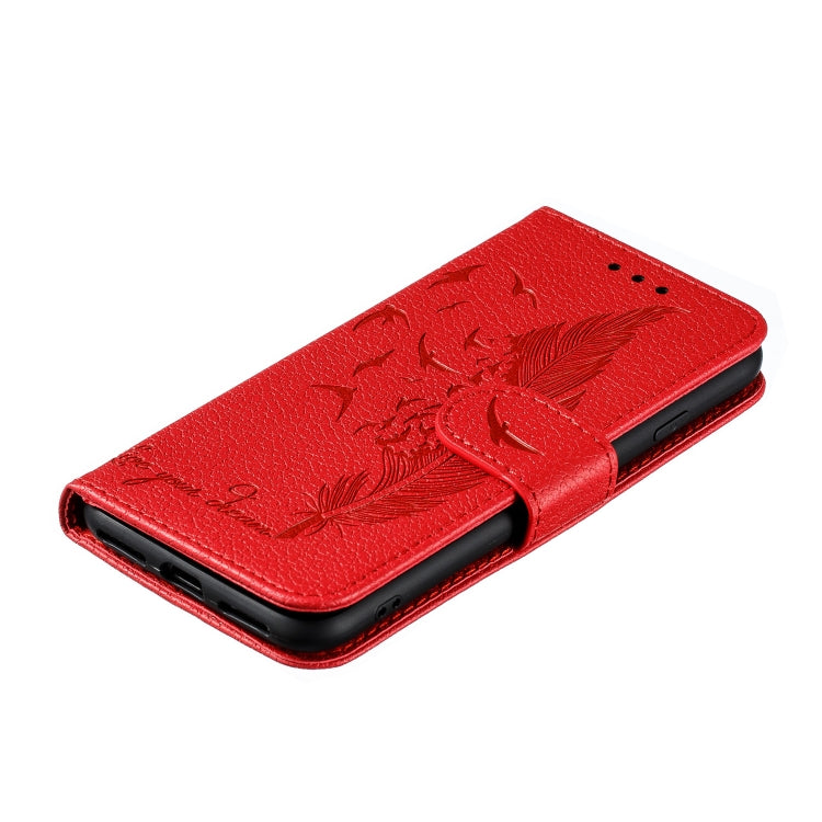 Estuche de cuero con tapa horizontal con textura de litchi con patrón de plumas con billetera y soporte y ranuras para tarjetas, For iPhone SE 2022 / SE 2020 / 8 / 7, For iPhone 7 Plus / 8 Plus, For iPhone 11 Pro, For iPhone 11, For iPhone 11 Pro Max  ...