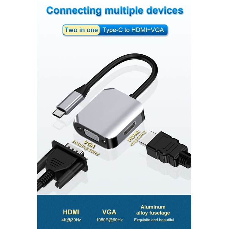 Convertidor de adaptador HW-6002 2 en 1 tipo C / USB-C a HDMI + VGA, HW-6002