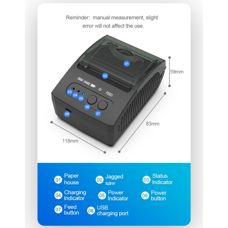 5811DD 58 mm Bluetooth 4.0 Impresora térmica portátil de recibos Bluetooth,, EU Plug, US Plug, UK Plug