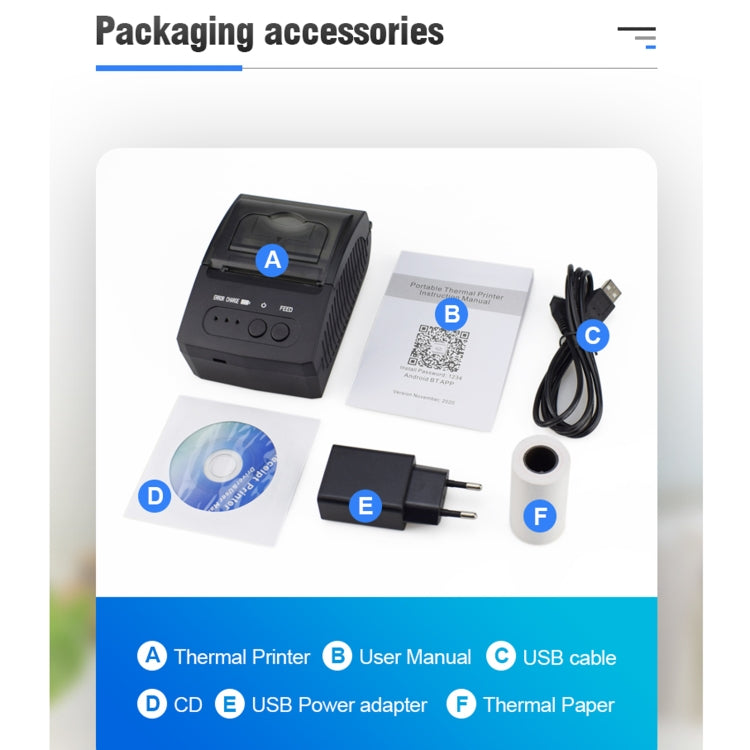 5811DD 58 mm Bluetooth 4.0 Impresora térmica portátil de recibos Bluetooth,, EU Plug, US Plug, UK Plug