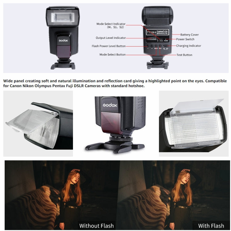 Godox TT520II 433MHZ Inalámbrico 1/300s-1/2000s HSS Flash Speedlite Cámara Luz de relleno superior para cámaras Canon / Nikon DSLR, TT520II