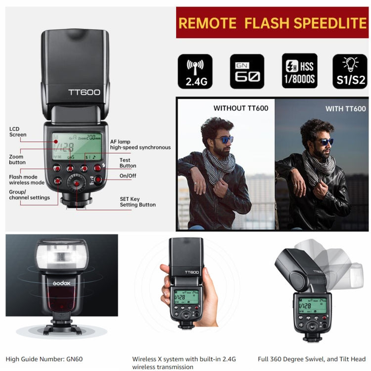 Godox TT600 2,4 GHz inalámbrico 1/300s-1/2000s HSS Flash Speedlite Cámara luz de relleno superior para cámaras Canon/Nikon DSLR, TT600