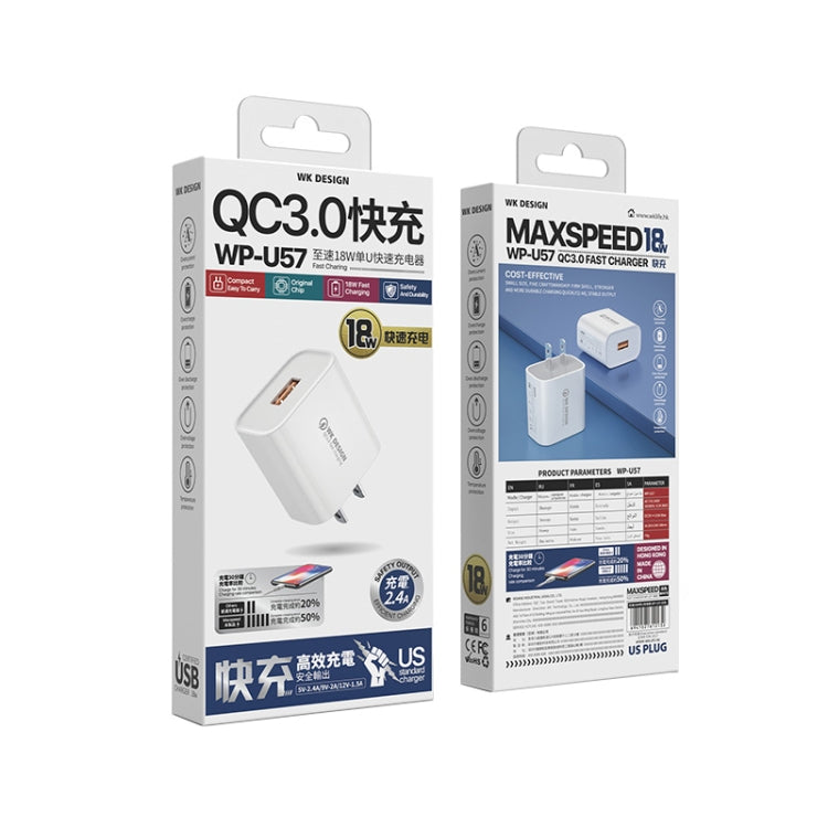 WK WP-U57 Max 18W Maxspeed QC3.0 Cargador rápido + USB a cable de datos de 8 pines, US Plug, EU Plug, UK Plug
