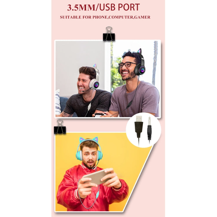 AKZ-022 USB + Puerto de 3,5 mm Diseño de oreja de gato Auricular LED plegable con micrófono