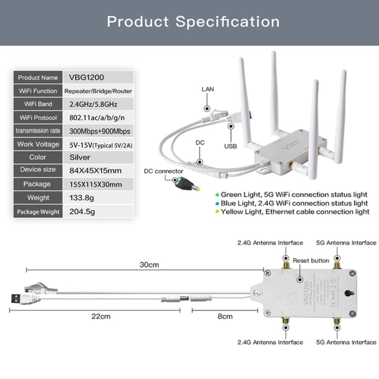 VONETS VBG1200 300Mbps + 900Mbps Estación Base WIFI repetidor de enrutador inalámbrico de doble banda con 4 antenas