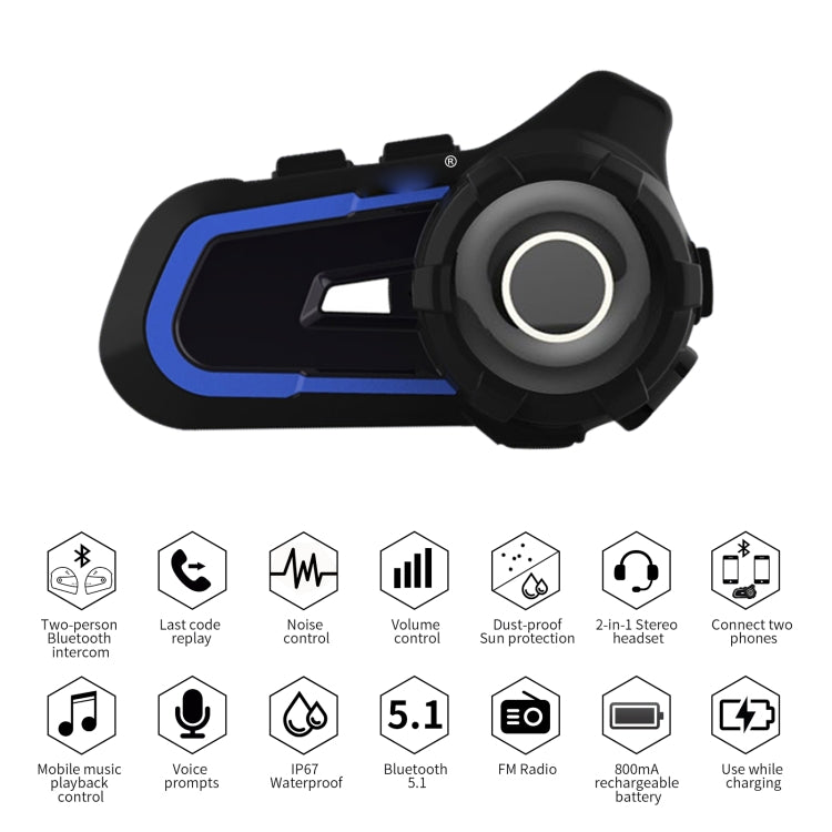 WUPP Bluetooth 5.1 S2 Casco de motocicleta Full Duplex Bluetooth Intercom Auricular Auricular