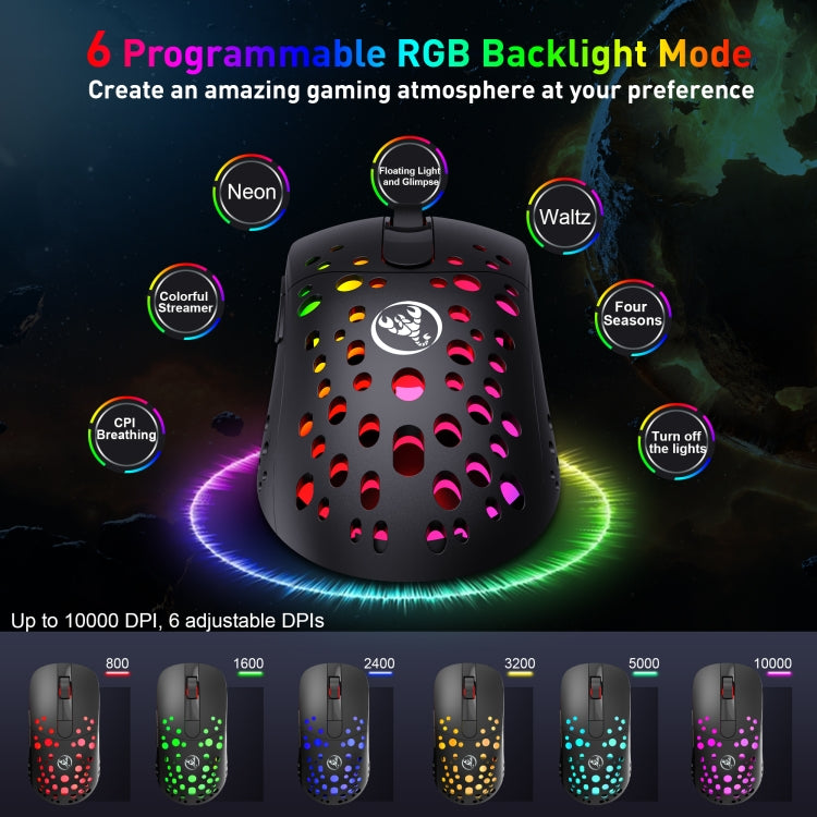 HXSJ T100 10000 DPI RGB Definición macro Ratón inalámbrico de modo dual con cable