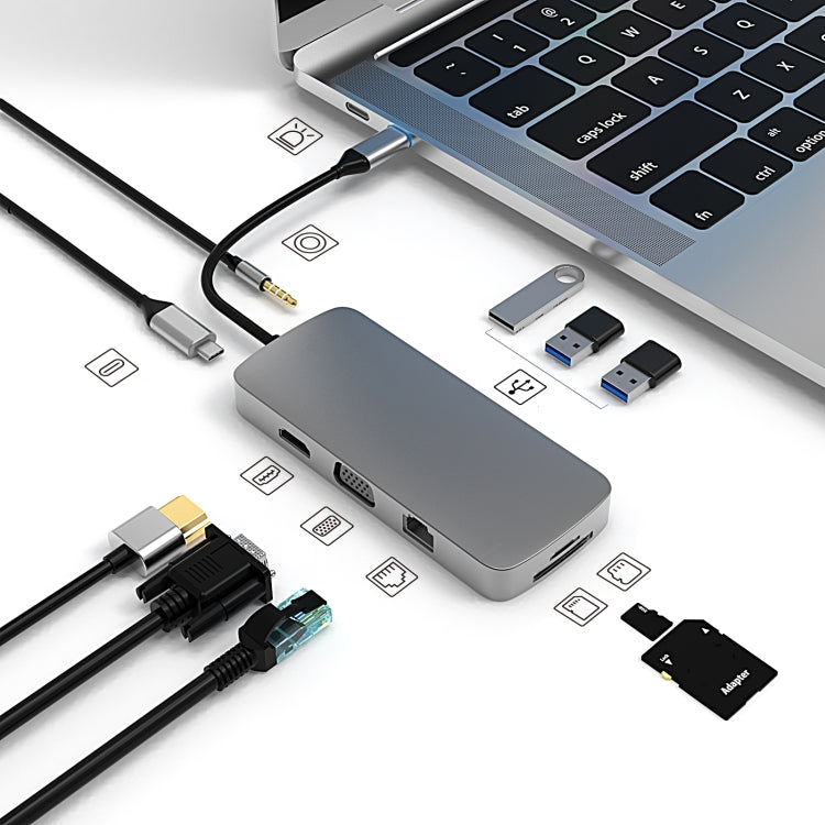 BL10V 10 en 1 USB-C / Type-C a RJ45 + VGA + HDMI + 3,5 mm AUX + Ranura para tarjeta SD / TF + PD USB-C / Type-C + USB 3.0 + 2 puertos USB 2.0 HUB de estación de acoplamiento, BL10V