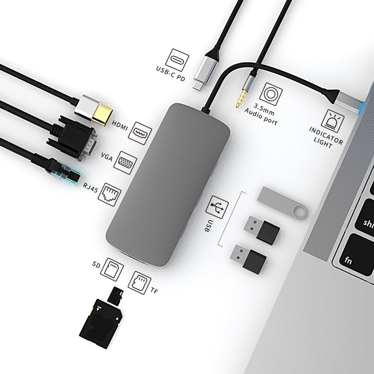 BL10V 10 en 1 USB-C / Type-C a RJ45 + VGA + HDMI + 3,5 mm AUX + Ranura para tarjeta SD / TF + PD USB-C / Type-C + USB 3.0 + 2 puertos USB 2.0 HUB de estación de acoplamiento, BL10V