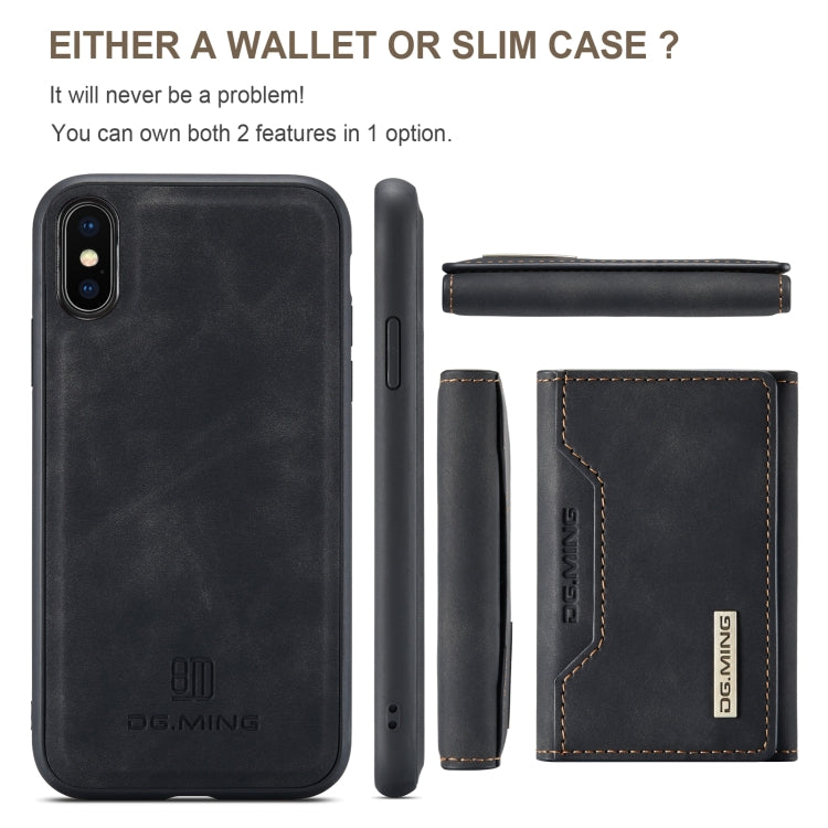DG.MING Serie M2 Bolsa multitarjeta de 3 pliegues + Funda trasera magnética Funda a prueba de golpes con función de billetera y soporte, For iPhone X, For iPhone XS, For iPhone XS Max