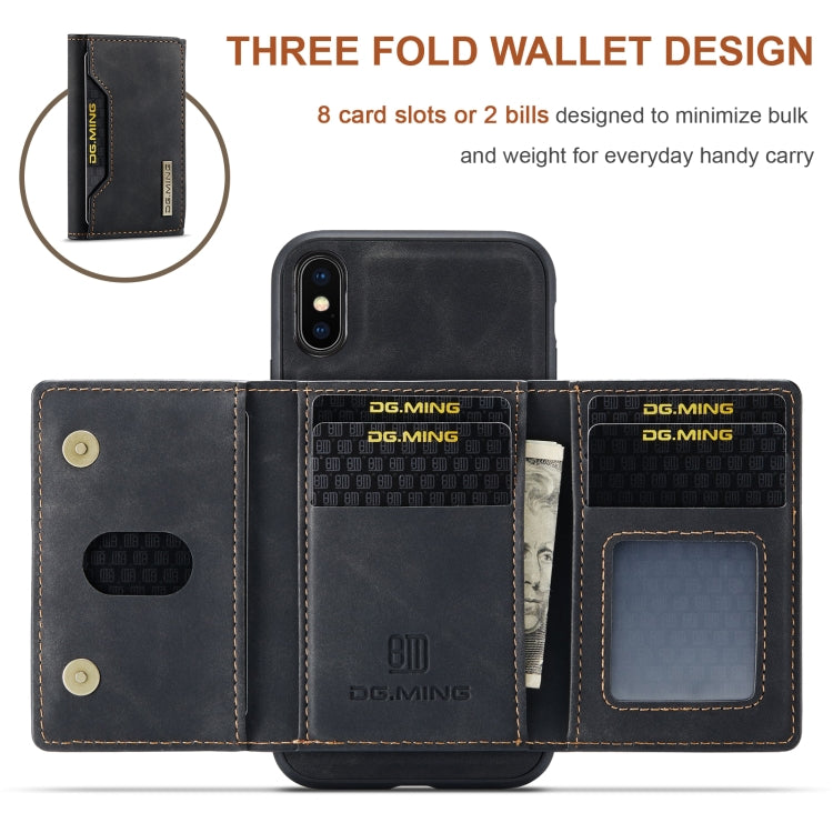 DG.MING Serie M2 Bolsa multitarjeta de 3 pliegues + Funda trasera magnética Funda a prueba de golpes con función de billetera y soporte, For iPhone X, For iPhone XS, For iPhone XS Max