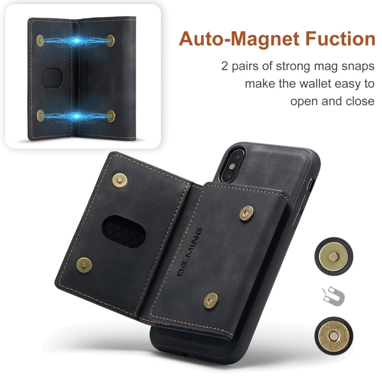 DG.MING Serie M2 Bolsa multitarjeta de 3 pliegues + Funda trasera magnética Funda a prueba de golpes con función de billetera y soporte, For iPhone X, For iPhone XS, For iPhone XS Max