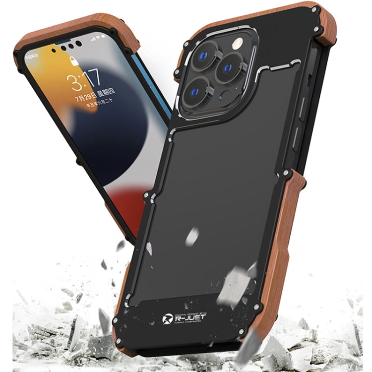 R-JUST Ironwood Man a prueba de golpes de metal + funda protectora de parachoques de madera, For iPhone 13 mini, For iPhone 13, For iPhone 13 Pro, For iPhone 13 Pro Max