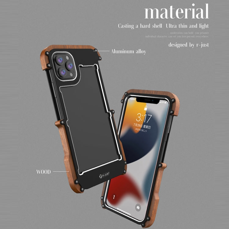 R-JUST Ironwood Man a prueba de golpes de metal + funda protectora de parachoques de madera, For iPhone 13 mini, For iPhone 13, For iPhone 13 Pro, For iPhone 13 Pro Max