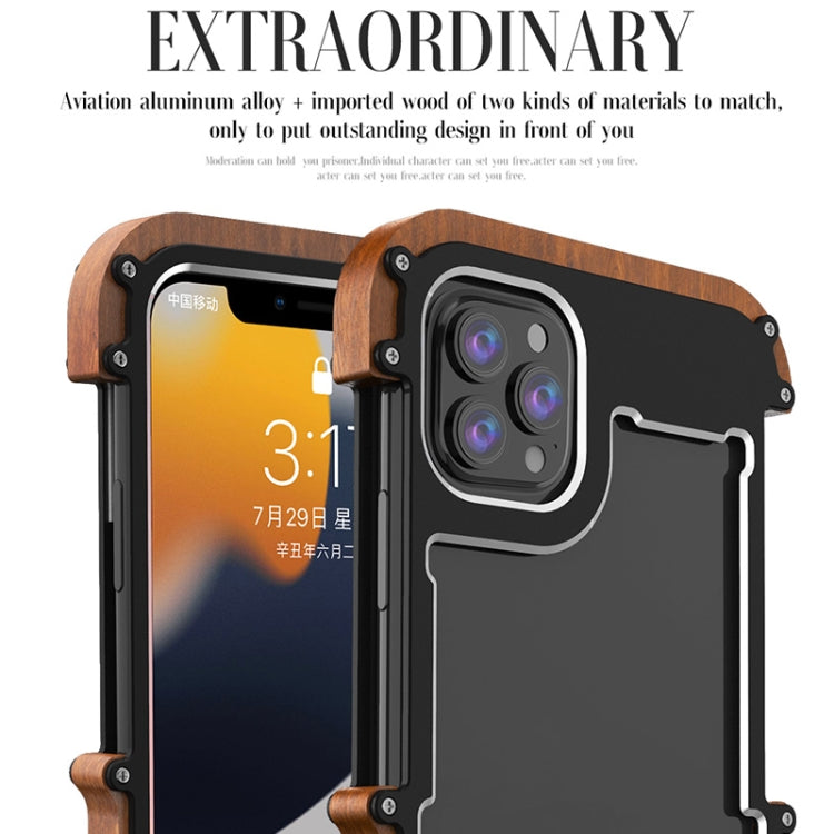 R-JUST Ironwood Man a prueba de golpes de metal + funda protectora de parachoques de madera, For iPhone 13 mini, For iPhone 13, For iPhone 13 Pro, For iPhone 13 Pro Max