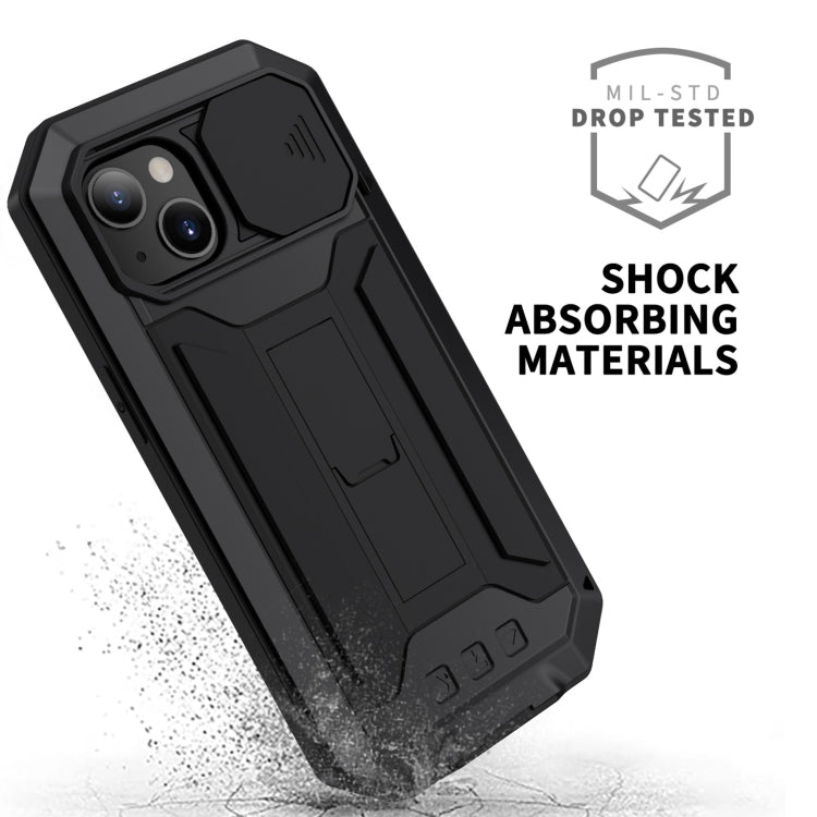 R-JUST cámara deslizante a prueba de golpes impermeable a prueba de polvo Metal + funda protectora de silicona con soporte, For iPhone 13 mini, For iPhone 13, For iPhone 13 Pro, For iPhone 13 Pro Max
