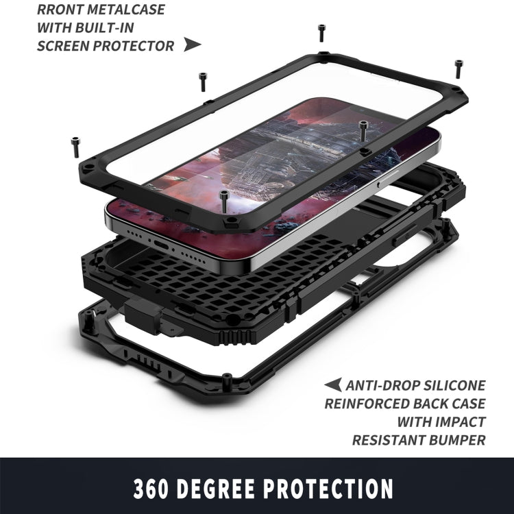 R-JUST a prueba de golpes a prueba de agua a prueba de polvo de metal + funda protectora de silicona con soporte, For iPhone 13 mini, For iPhone 13, For iPhone 13 Pro, For iPhone 13 Pro Max