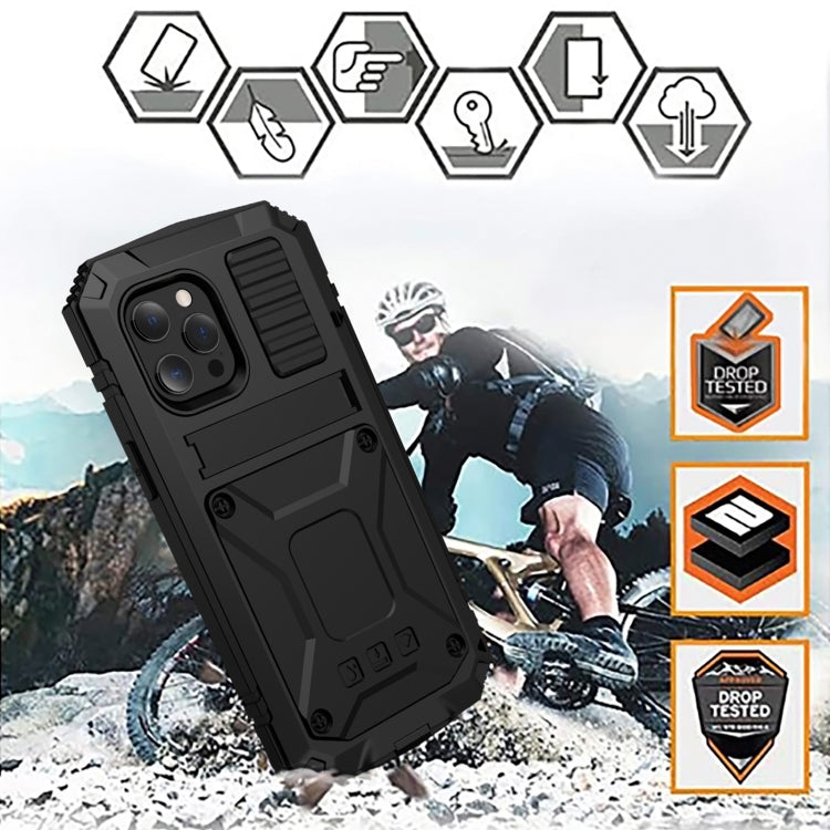 R-JUST a prueba de golpes a prueba de agua a prueba de polvo de metal + funda protectora de silicona con soporte, For iPhone 13 mini, For iPhone 13, For iPhone 13 Pro, For iPhone 13 Pro Max
