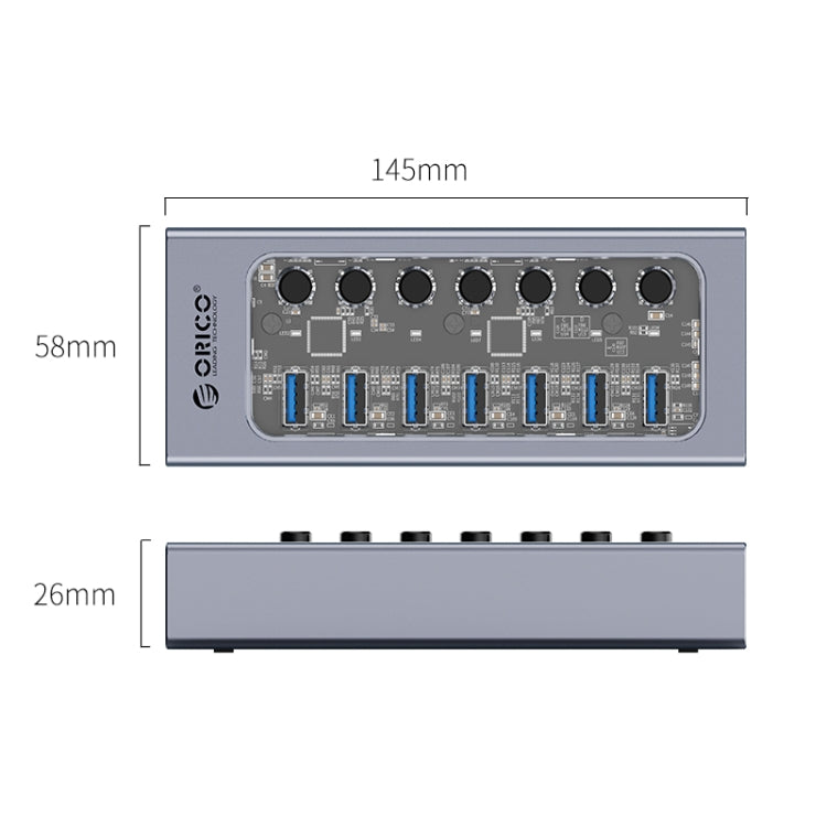 ORICO AT2U3-7AB-GY-BP 7 en 1 HUB USB multipuerto de aleación de aluminio con interruptores individuales, 7AB