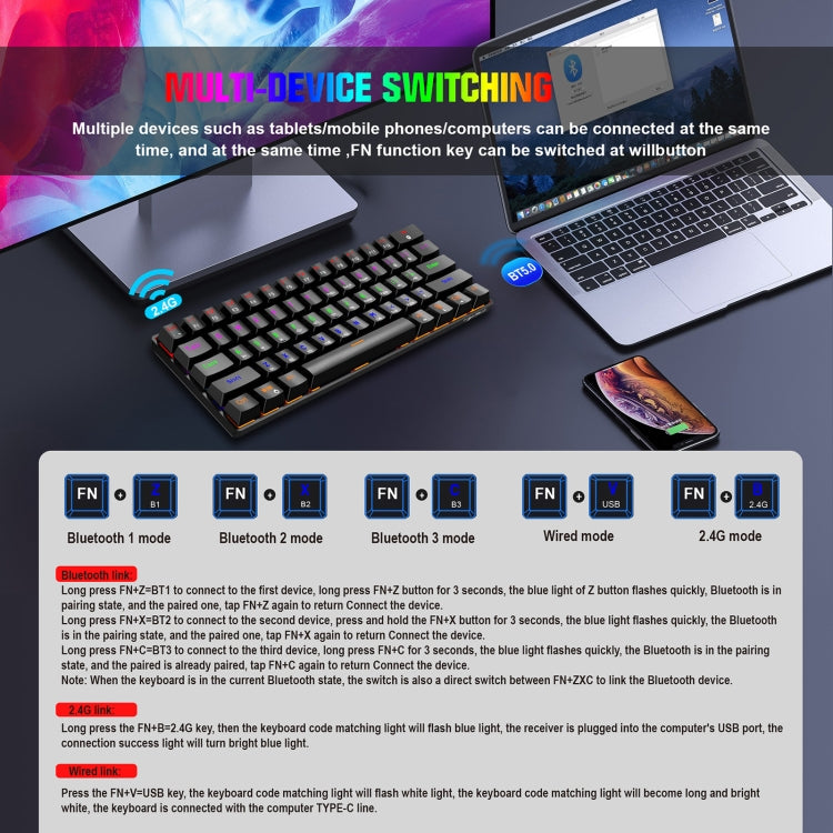 HXSJ L800 61 Teclas Bluetooth 5.0 / 2.4G Inalámbrico / Tipo-C Con cable Tres modos Teclado mecánico de eje azul